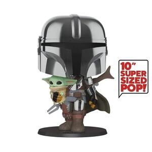 Star Wars: Chrome The Mandalorian Holding Baby Yoda 10-Inch Pop!